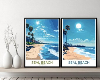 Póster de Seal Beach, California, impresión de viaje, Seal Beach, Condado de Orange, EE. UU., lienzo, póster de pared, regalo de diseñador, ilustración digital, decoración