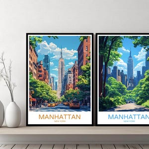 Póster de viaje de Manhattan, Nueva York, Manhattan, NYC, Empire State Building, lienzo, póster de pared, paisaje urbano, diseñador, regalo, ilustración de EE. UU., decoración