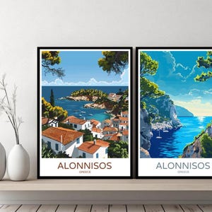 Alonissos Grecia Poster Stampa di viaggio Skopelos Mar Egeo Alonissos Tela Poster da parete Paesaggio urbano Designer Regalo Grecia Illustrazione Decorazione