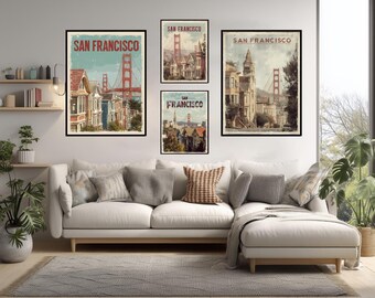 Retro San Francisco Travel Poster Featuring Golden Gate Bridge And Victorian Houses In Vintage Minimal Modern Style Wall Art Print