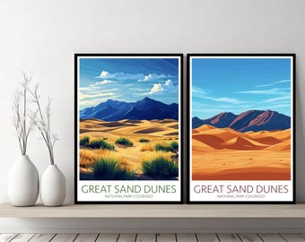 Cartaz do Parque Nacional Great Sand Dunes, impressão de viagem, Denver, Colorado, Alamosa, tela, pôster de parede, paisagem urbana, presente de designer, EUA, ilustração, decoração