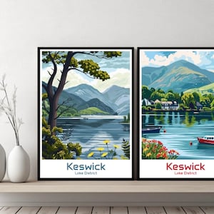 Póster de viaje del Distrito de los Lagos de Keswick, impresión en lienzo del Parque Nacional del Distrito de los Lagos, póster de pared, paisaje urbano, diseñador, regalo retro, ilustración, decoración