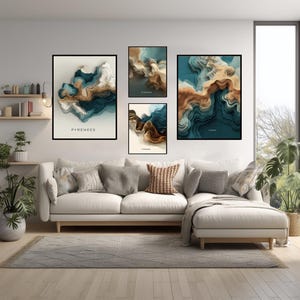 May include: A living room featuring four framed abstract art prints. The prints display layered, textured designs in shades of teal, brown, and white. The word "PYRENEES" is printed on one of the prints. The room includes a white sofa, pillows, and a rug.