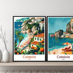 Póster de viaje de Calabria, Italia, Hurghada, bota italiana, lienzo, arte de pared, decoración del hogar, aventura, Calabria, playa, mar, regalo, ilustración