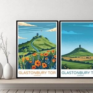 Glastonbury Tor Somerset Poster Travel Print Glastonbury Tor Tower Canvas Wall Poster Cityscape Designer Gift England Illustration Decor