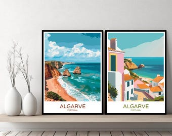 Algarve Portugal Poster Travel Print Portugal Faro Sunset Beach Canvas Wall Poster Cityscape Designer Gift Portugal Illustration Decor