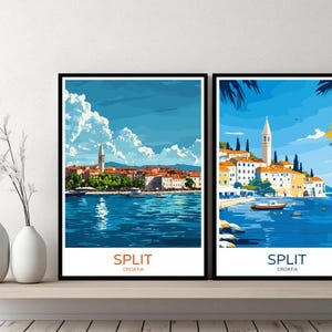 Split Croatia Poster Travel Print Dalmatia Croatia Split Sea Beach Canvas Wall Poster Cityscape Designer Gift Croatia Illustration Decor