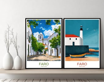 Faro Portugal Poster Travel Print Portugal Faro Algarve Sunset Beach Canvas Wall Poster Cityscape Designer Gift Portugal Illustration Decor