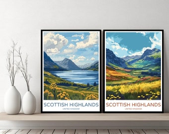 以下が含まれることがあります： スコットランドのハイランドを表現した、湖と山が描かれたカラフルなイラストが2つ。それぞれの画像の下には「Scottish Highlands, United Kingdom」というテキストが印刷されています。