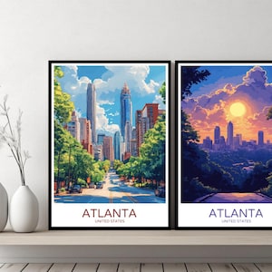 Atlanta United States Poster Travel Print Georgia Fulton Atlanta Skyline Canvas Wall Poster Cityscape Designer Gift USA Illustration Decor