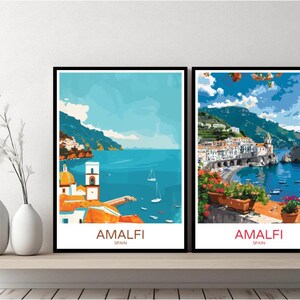 Amalfi Italy Poster Travel Print Sorrento Peninsula Campania Amalfi Coast Canvas Wall Poster Cityscape Designer Gift Italy Illustration