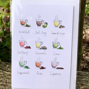Cartão de felicitações com xícaras de chá, impressão em aquarela, arte de El Whitman