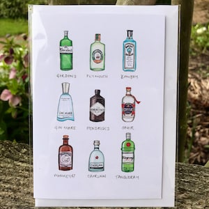 Carte de voeux de bouteilles de gin, impression aquarelle, art el whitman