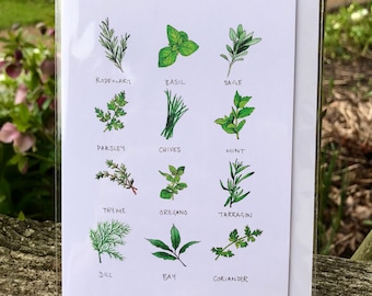 Herbs Greetings Card, Watercolour Print, el whitman art