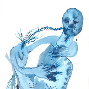 Dessin original, peinture aquarelle et encre bleu sur papier A4