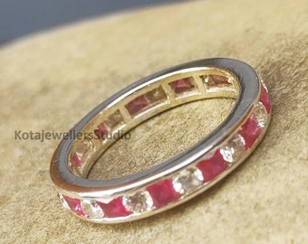 Natural Ruby and American Dimond Channel Setting Eternity Band in 925 Silver