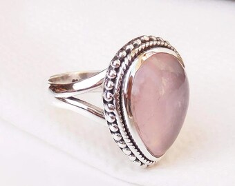 Pink Rose quartz Ring, 925 Sterling silver Rose quartz Ring, Natural Rose quartz Ring