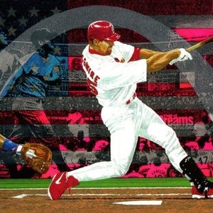 May include: A baseball player in a red and white uniform swings a bat against a backdrop of an American flag. The player is wearing a red cap with a white logo. The player is in a batting stance with their left foot on the ground and their right foot raised. The player is wearing a white jersey with the number "4" on the front. The player is wearing white pants and black cleats. The player is swinging a wooden bat with a white grip. The player is facing the right side of the image. The American flag is in the background of the image. The flag is red, white, and blue. The flag is waving in the wind. The image is a painting.