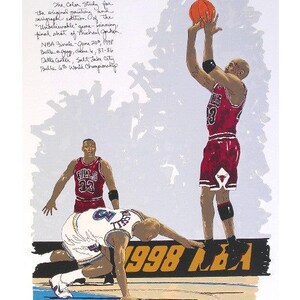 以下が含まれることがあります： 1998年のNBAファイナルでマイケル・ジョーダンが決勝点を決めた瞬間のシルクスクリーン版画のためのカラースタディ。この画像は、赤いジャージを着たジョーダンが、白いジャージを着たディフェンダーの上からボールをシュートしている様子を描いている。コートには「1998 NBA」の文字が見える。