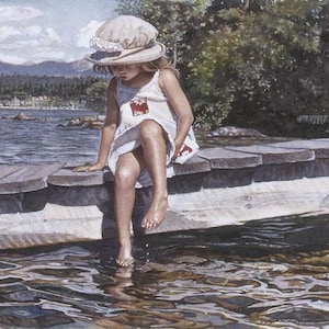 May include: Watercolor painting of a young person sitting on a wooden dock, dangling their feet in the water. They wear a white dress and a beige hat. The scene includes a lake, mountains, and trees in the background.