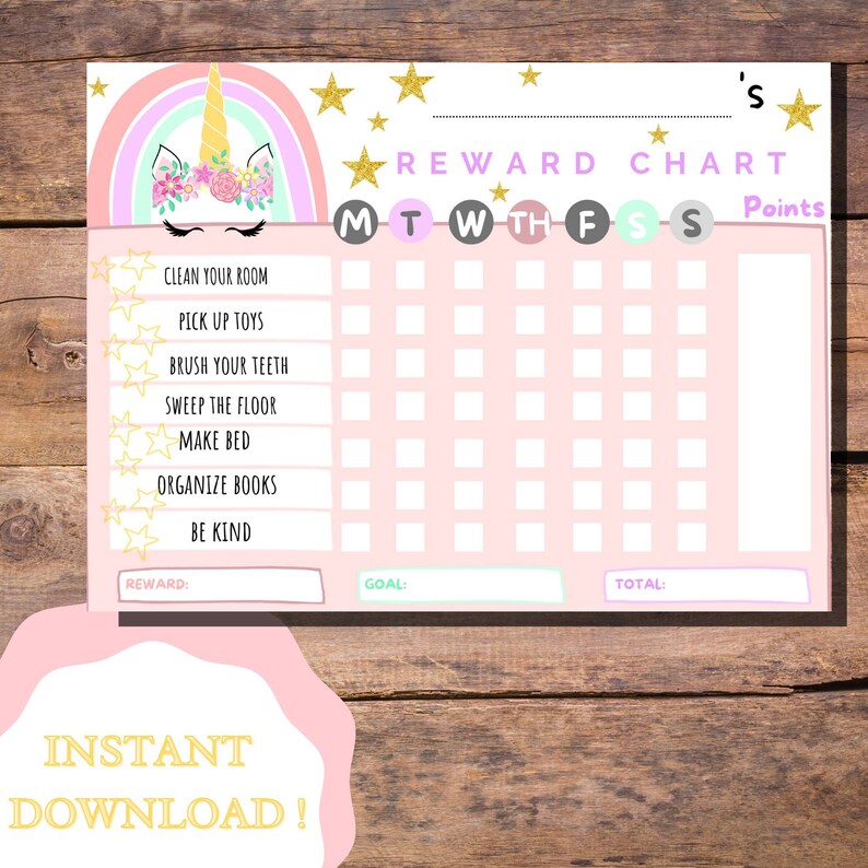 printable unicorn reward chart girls sticker chart etsy