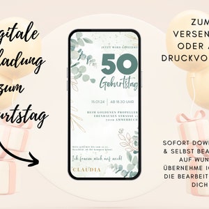 Invitación Digital Cumpleaños Naturaleza | Tarjeta de cumpleaños 50 mujer hombre | Tarjeta de cumpleaños redonda | Invitación de flores silvestres | Tarjeta de flores secas
