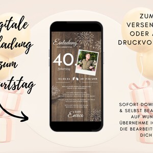 Invitación digital cumpleaños madera | Tarjeta de cumpleaños 40 mujer hombre | Tarjeta de cumpleaños redonda | Rústico | Cumpleaños de fondo de papel kraft