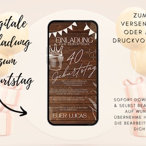 Digitale Einladung Geburtstag Holz | Geburtstagskarte 40 Frau Mann | Runder Geburtstag Karte | Rustikal | Kraftpapier Hintergrund Geburtstag