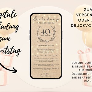 Bois d'anniversaire d'invitation numérique | Carte anniversaire 40 femme homme | Carte d'anniversaire ronde | Rustique | Anniversaire de fond de papier kraft