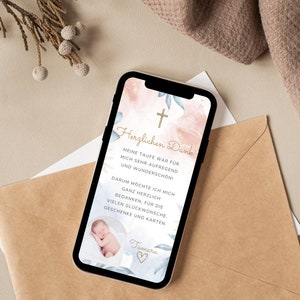 Digitale Dankeskarte Taufe Boho | Personalisierte Karte Taufe Mit Bild | Danksagung Taufe Mit Foto | Pampasgras Beige | Ecard Taufe