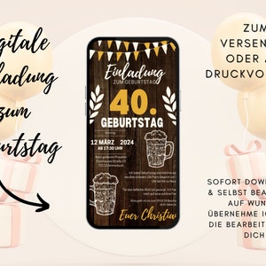 Invitación digital cumpleaños madera | Tarjeta de cumpleaños 40 mujer hombre | Tarjeta de cumpleaños redonda | Rústico | Cumpleaños de fondo de papel kraft