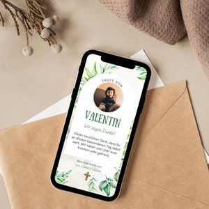 Digitale Bedankkaart Doopsel Eucalyptus | Gepersonaliseerde doopkaart met afbeelding | Thanksgiving-doop met foto | Mintgroen | E-card doop