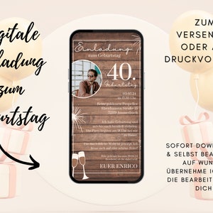 Invitación digital cumpleaños madera | Tarjeta de cumpleaños 40 mujer hombre | Tarjeta de cumpleaños redonda | Rústico | Cumpleaños de fondo de papel kraft