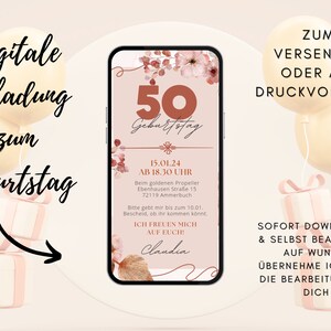 Invitación Digital Cumpleaños Naturaleza | Tarjeta de cumpleaños 50 mujer hombre | Tarjeta de cumpleaños redonda | Invitación de flores silvestres | Tarjeta de flores secas