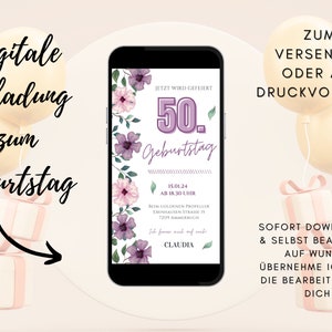 Invitación Digital Cumpleaños Naturaleza | Tarjeta de cumpleaños 50 mujer hombre | Tarjeta de cumpleaños redonda | Invitación de flores silvestres | Tarjeta de flores secas