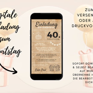 Invitación digital cumpleaños madera | Tarjeta de cumpleaños 40 mujer hombre | Tarjeta de cumpleaños redonda | Rústico | Cumpleaños de fondo de papel kraft