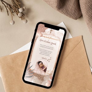 Digitale bedankkaart doopsel Boho | Gepersonaliseerde doopkaart met afbeelding | Thanksgiving-doop met foto | Pampasgras beige | E-card doop
