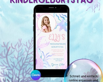 Digitale uitnodiging kinderverjaardag zeemeermin | Zeemeerminnen gepersonaliseerd | Onderwater uitnodigingskaarten | Zeemeermin feest