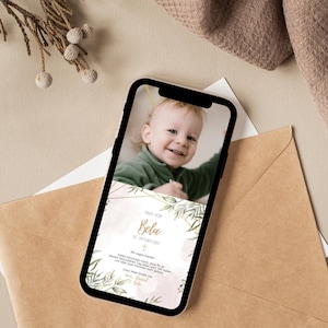 Digitale Bedankkaart Doopsel Eucalyptus | Gepersonaliseerde doopkaart met afbeelding | Thanksgiving-doop met foto | Mintgroen | E-card doop