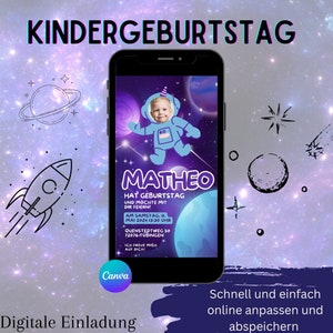 Invitation numérique pour la fête d'anniversaire des enfants | Espace d'invitation | Espace anniversaire enfant | Fusée d'invitation | Fête des astronautes