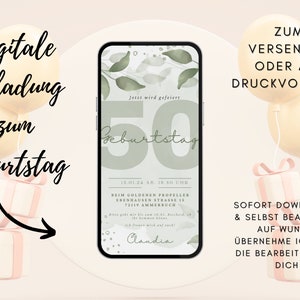 Invitación Digital Cumpleaños Naturaleza | Tarjeta de cumpleaños 50 mujer hombre | Tarjeta de cumpleaños redonda | Invitación de flores silvestres | Tarjeta de flores secas