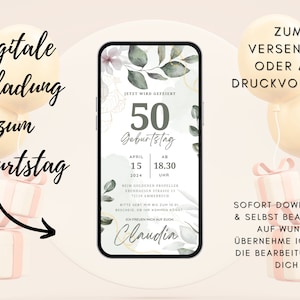 Invitación Digital Cumpleaños Naturaleza | Tarjeta de cumpleaños 50 mujer hombre | Tarjeta de cumpleaños redonda | Invitación de flores silvestres | Tarjeta de flores secas
