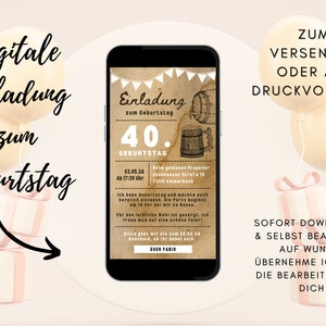 Invitación digital cumpleaños madera | Tarjeta de cumpleaños 40 mujer hombre | Tarjeta de cumpleaños redonda | Rústico | Cumpleaños de fondo de papel kraft