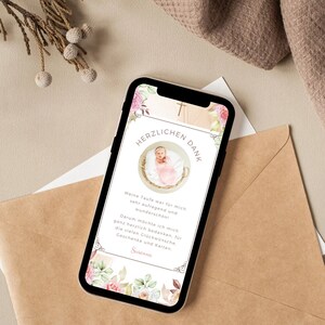 Digitale Dankeskarte Taufe Boho | Personalisierte Karte Taufe Mit Bild | Danksagung Taufe Mit Foto | Pampasgras Beige | Ecard Taufe