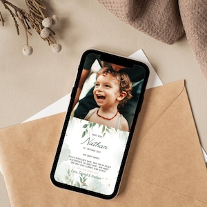 Digitale Bedankkaart Doopsel Eucalyptus | Gepersonaliseerde doopkaart met afbeelding | Thanksgiving-doop met foto | Mintgroen | E-card doop