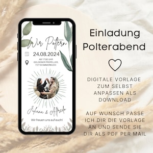 Digitale Einladung Polterabend Digital Karte | Ecard Polterabend | Einladungskarte Personalisiert | Rustikal | Eukalyptus | Boho | Canva