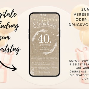 Invitación digital cumpleaños madera | Tarjeta de cumpleaños 40 mujer hombre | Tarjeta de cumpleaños redonda | Rústico | Cumpleaños de fondo de papel kraft