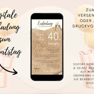 Bois d'anniversaire d'invitation numérique | Carte anniversaire 40 femme homme | Carte d'anniversaire ronde | Rustique | Anniversaire de fond de papier kraft