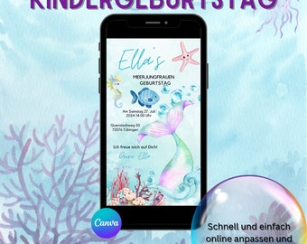 Digitale uitnodiging kinderverjaardag zeemeermin | Zeemeerminnen gepersonaliseerd | Onderwater uitnodigingskaarten | Zeemeermin feest