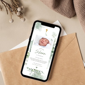 Digitale Dankeskarte Taufe Eukalyptus | Personalisierte Karte Taufe Mit Bild | Danksagung Taufe Mit Foto | Mint Grün | Ecard Taufe